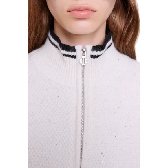 Maje Zip Up Contrast Black Stripe Cardigan Sparkle Wool Blend White Large - Picture 5 of 15